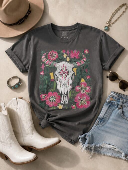 Cow Skull Pink Flowers