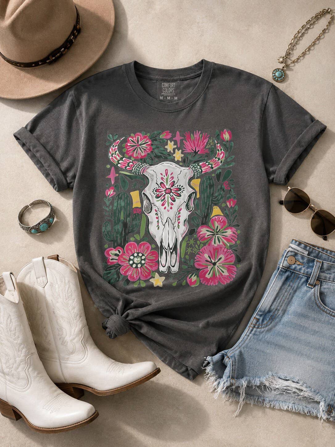 Cow Skull Pink Flowers